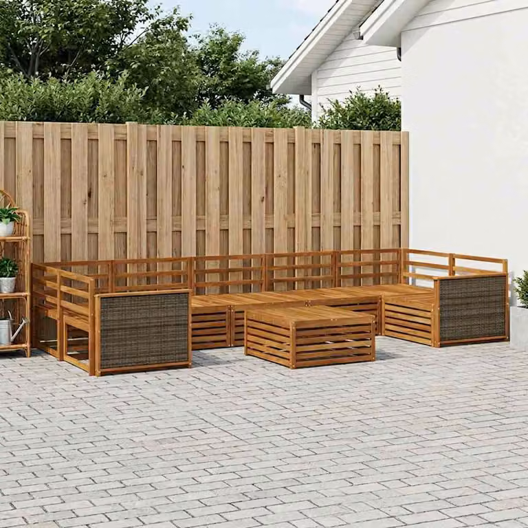 vidaXL Set di divani da esterno a forma di U in legno di acacia massello marrone con cuscini inclusi