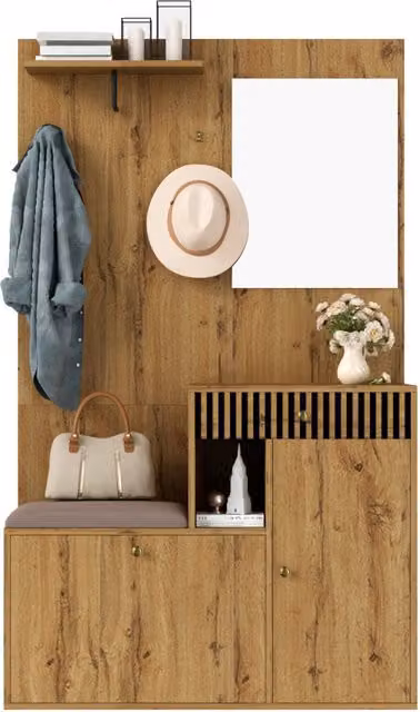 Mobile Ingresso con Specchio e Scarpiera con Panca Imbottita in MDF 110x37x185.5 cm