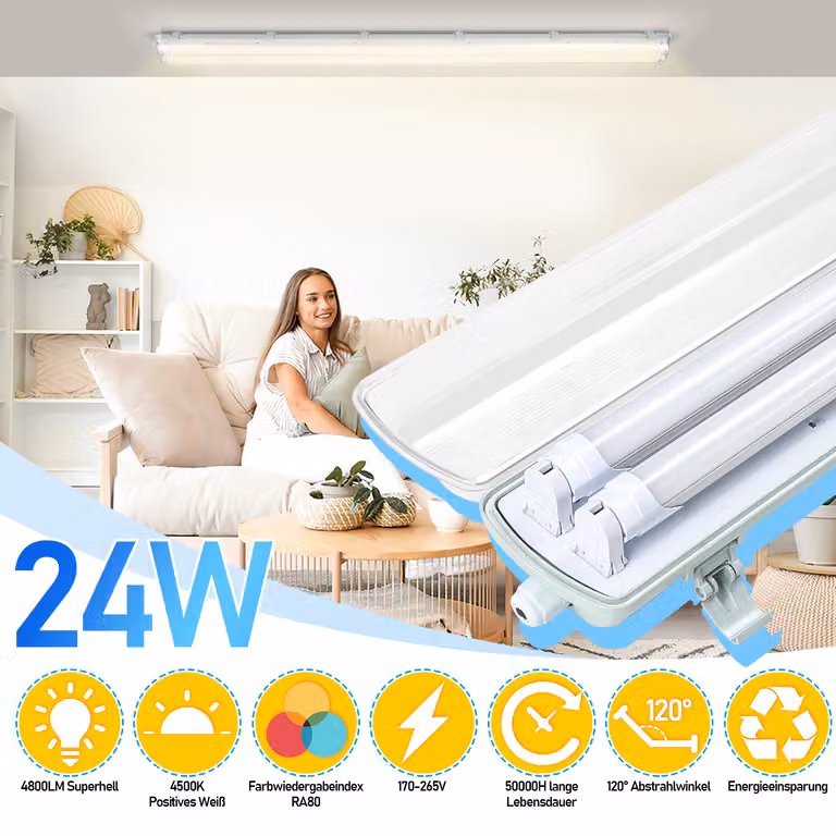 Clanmacy 20X LED a prova di umidità apparecchio di illuminazione diffusore 150cm 2 x 24W T8 tubo bianco neutro 4500K IP65