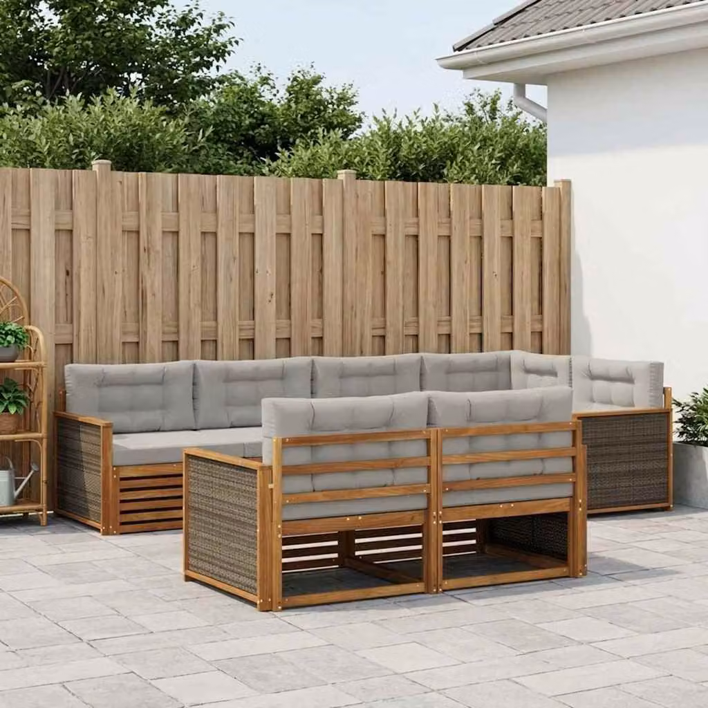 Set di divani da esterno vidaXL a forma di L composto da 7 pezzi in legno di acacia con cuscini, colore beige e grigio