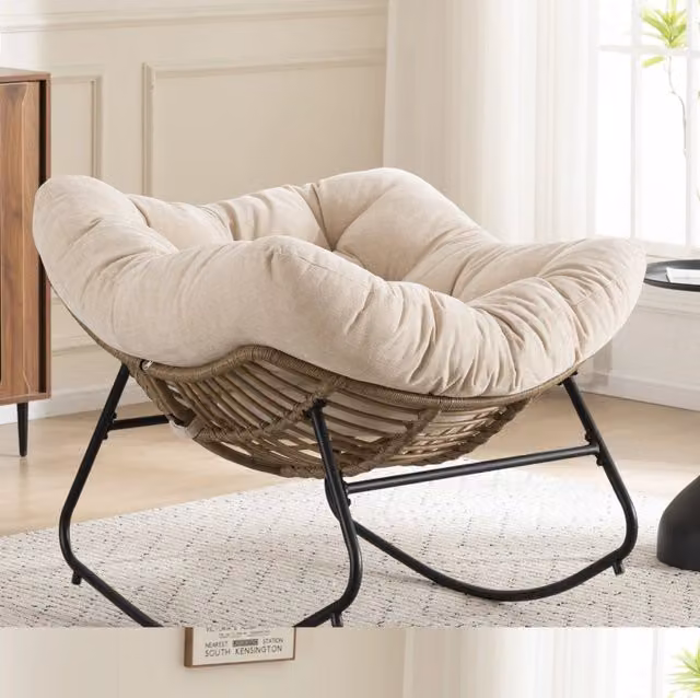 Poltrona a dondolo moderna con struttura in metallo e rivestimento in chenille per soggiorno e camera da letto