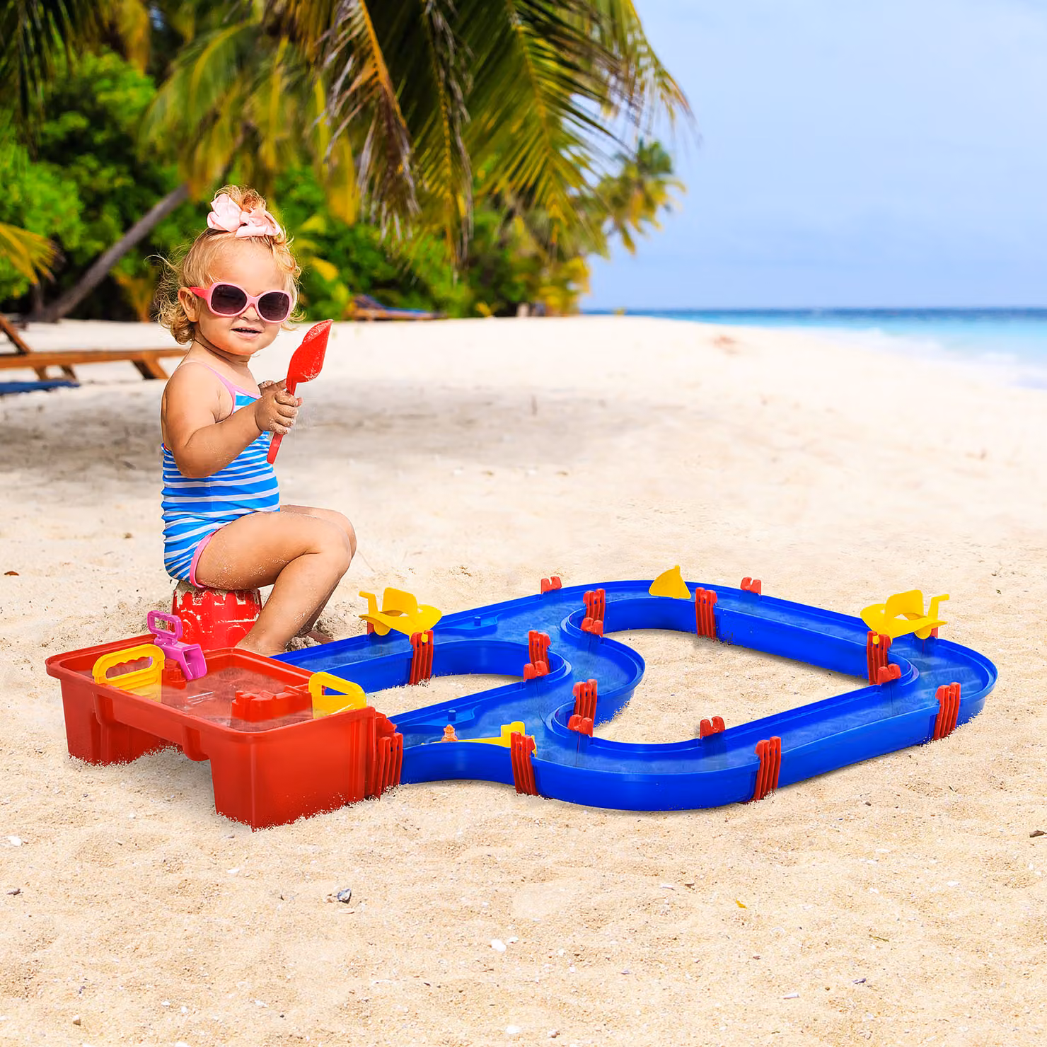 HOMCOM Playset Acquatico e Sabbia per Bambini con 53 Accessori Componibili, Blu e Rosso, L 123 x P 90 x H 7 cm – 2