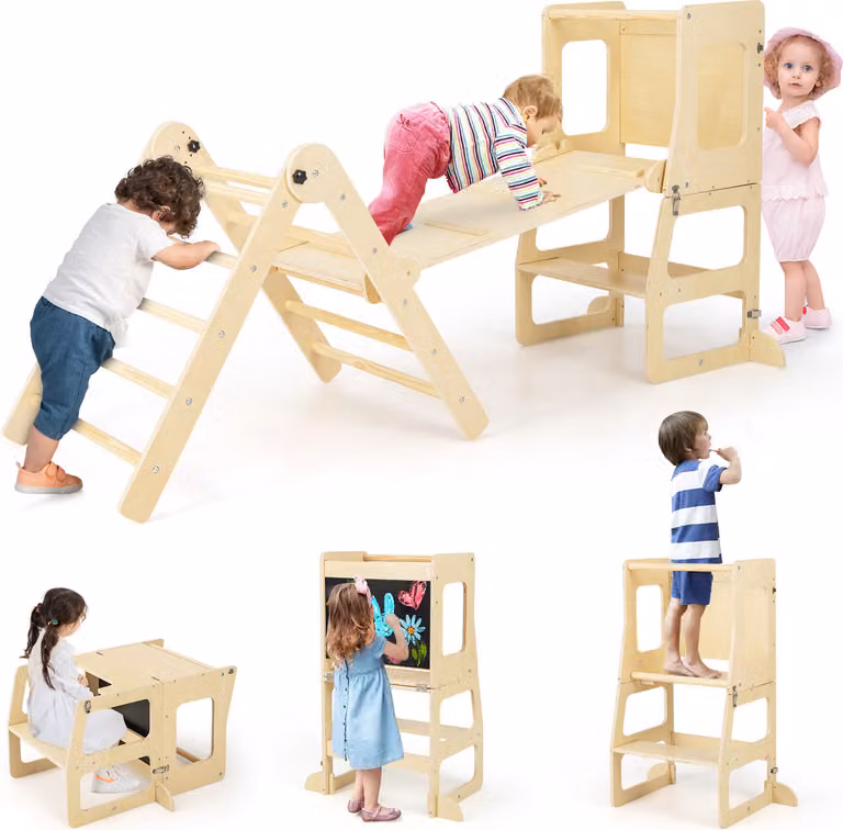 COSTWAY triangolo di arrampicata con scivolo, struttura per arrampicata indoor 7 in 1 per bambini da 3 anni (natura)