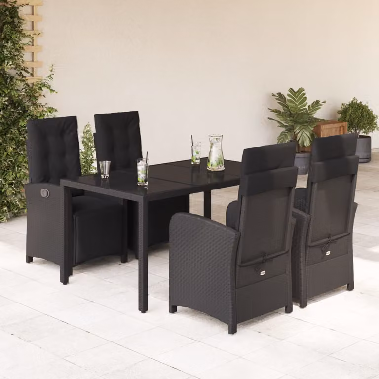 Set da Pranzo da Giardino vidaXL in Polyrattan Nero con Cuscini e Tavolo in Vetro