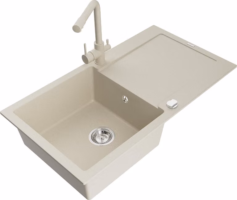 Mexen Leo lavello in granito a 1 vasca con gocciolatoio e rubinetto da cucina Duero, beige- 6501-69-671600-69