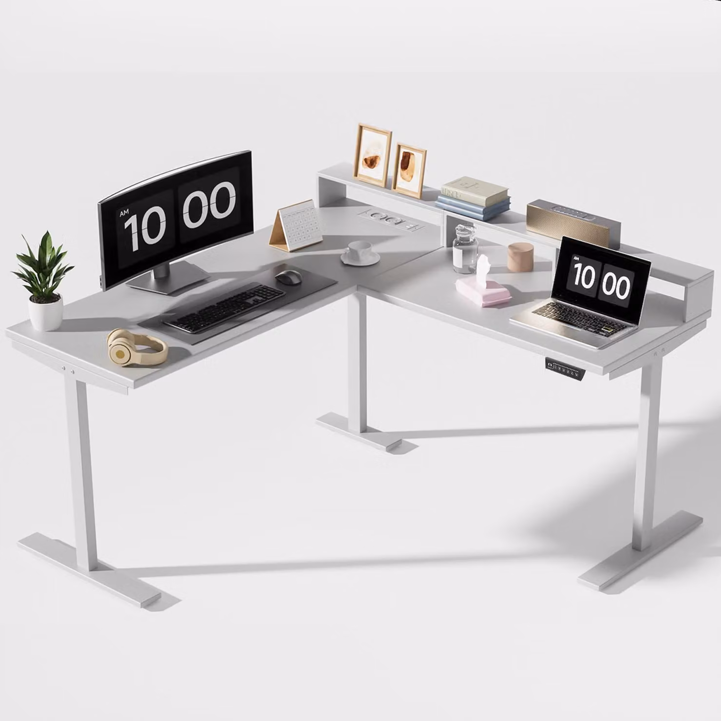 AIORBER scrivania a L regolabile in altezza, elettrica, con presa di corrente e USB, silenziosa, stabile, ergonomica, 73-118 cm, bianco