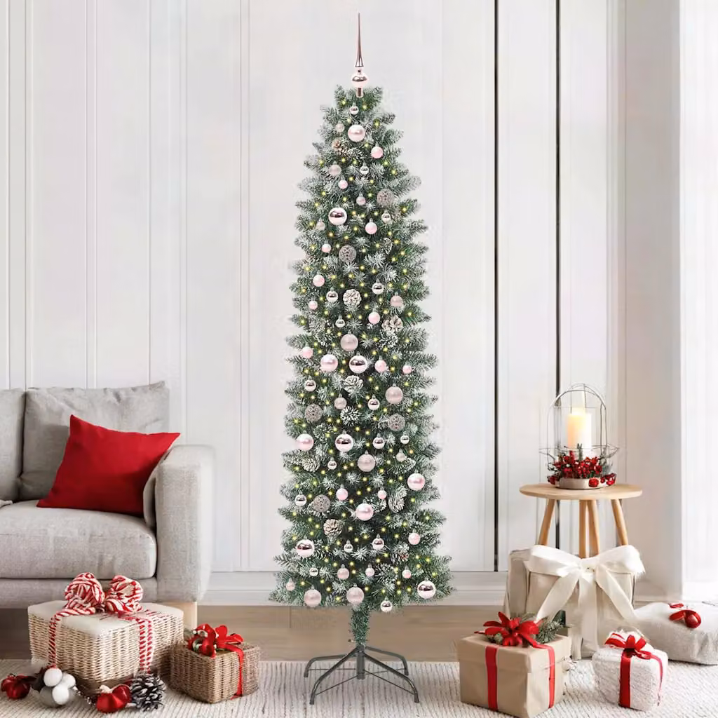 Albero di Natale Artificiale Sottile vidaXL Moderno Verde e Bianco con Luci LED Warm White – 1