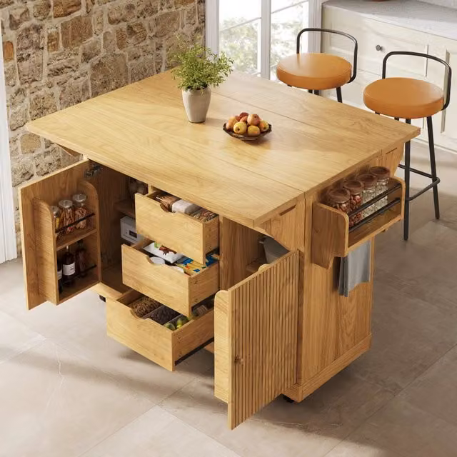 Carrello da cucina con 3 cassetti, ripiani regolabili e piani ribaltabili, per cucina, 142.5 × 80 × 95 cm