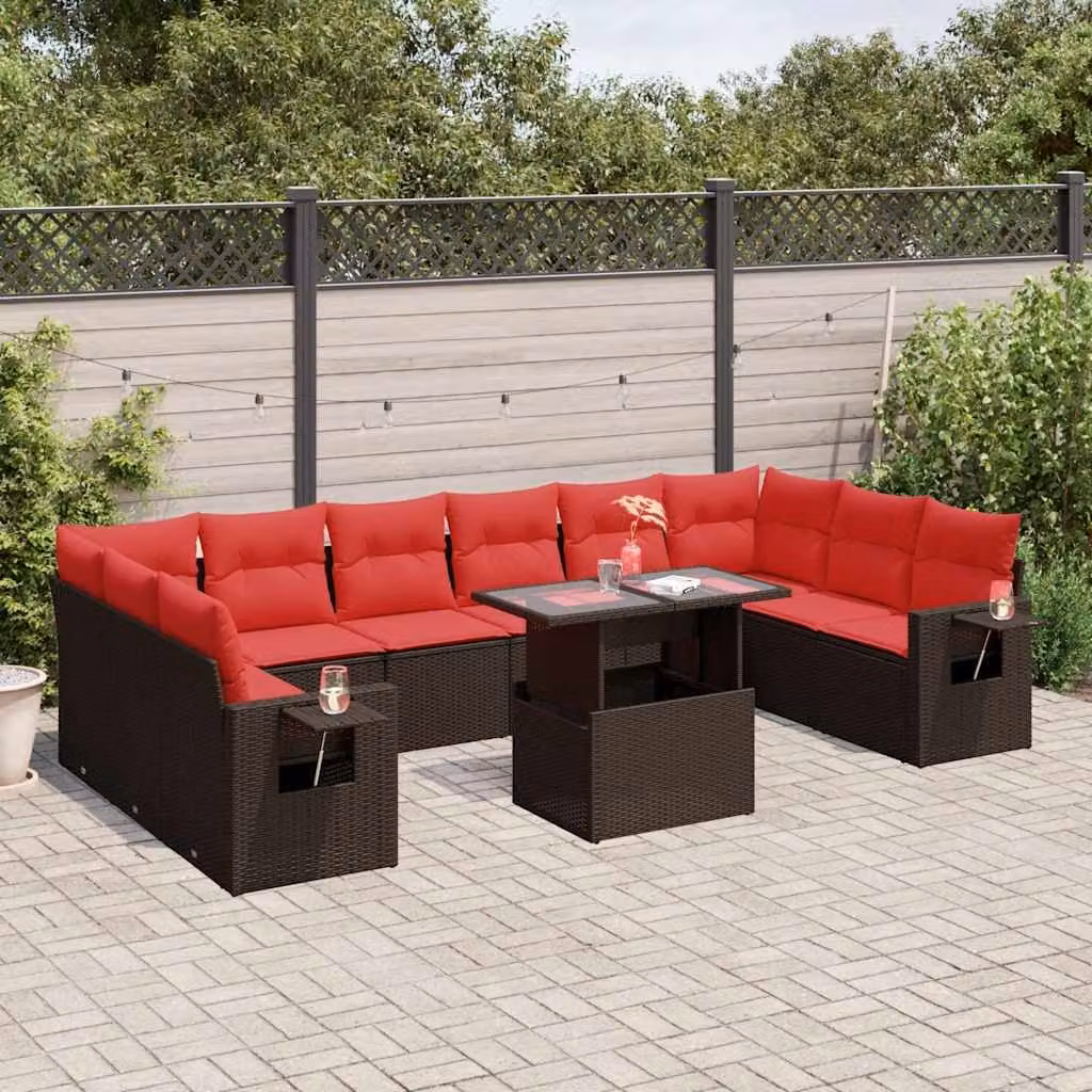 Set di divani da giardino vidaXL in polyrattan marrone con cuscini e tavolino da esterno a forma di L