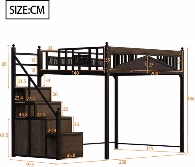 Letto a castello in metallo - Xylo - 140x200cm, barriera di sicurezza, scala reversibile, nero