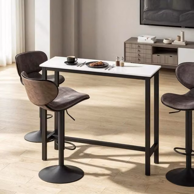 Tavolo Bar Moderno in Acciaio Nero con Piano Effetto Marmo Bianco 120x40x100 cm
