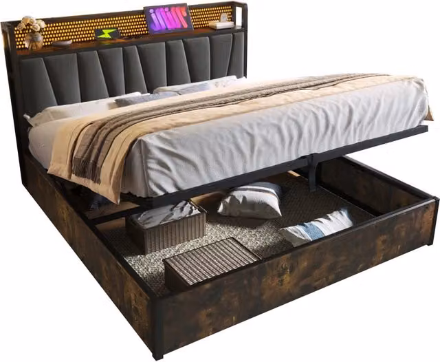 Letto Matrimoniale 180x200 in Lino Grigio con Contenitore; Testiera LED App-Control e Prese USB