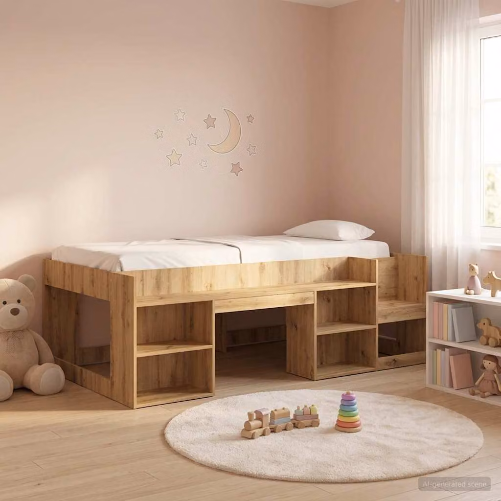 vidaXL Letto Singolo Rialzato per Bambini con Ripostiglio Laterale e Scala, Colore Rovere/Marrone, L: 193,5 cm, P: 120,0 cm, H: 103,5 cm
