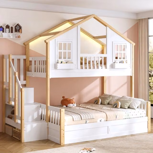 Letto a castello 90x200 e 140x200 con LED; scala contenitore; bianco
