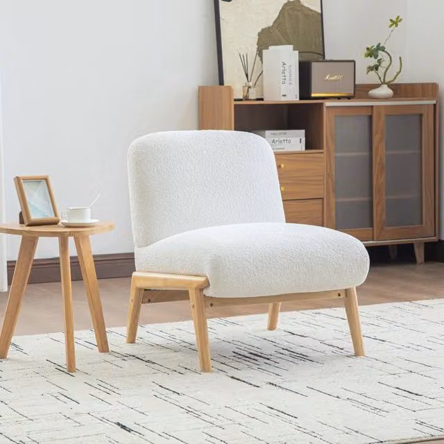 Poltrona Lounge Scandinava MINIMAL in Tessuto Chenille e Struttura in Legno, Avorio