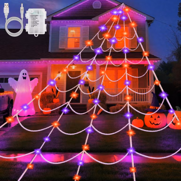 Catena luminosa a forma di ragnatela, 6x5 metri, 150 LED, colore arancione-viola, con timer, impermeabile