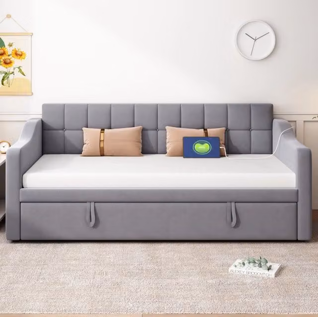 Letto imbottito 90x190 cm estensibile; velluto; grigio
