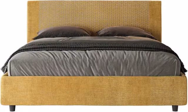 Letto Matrimoniale Giordanoshop con Contenitore e Rete, Testata Imbottita in Tessuto Giallo, L/P: 160 x 200 cm