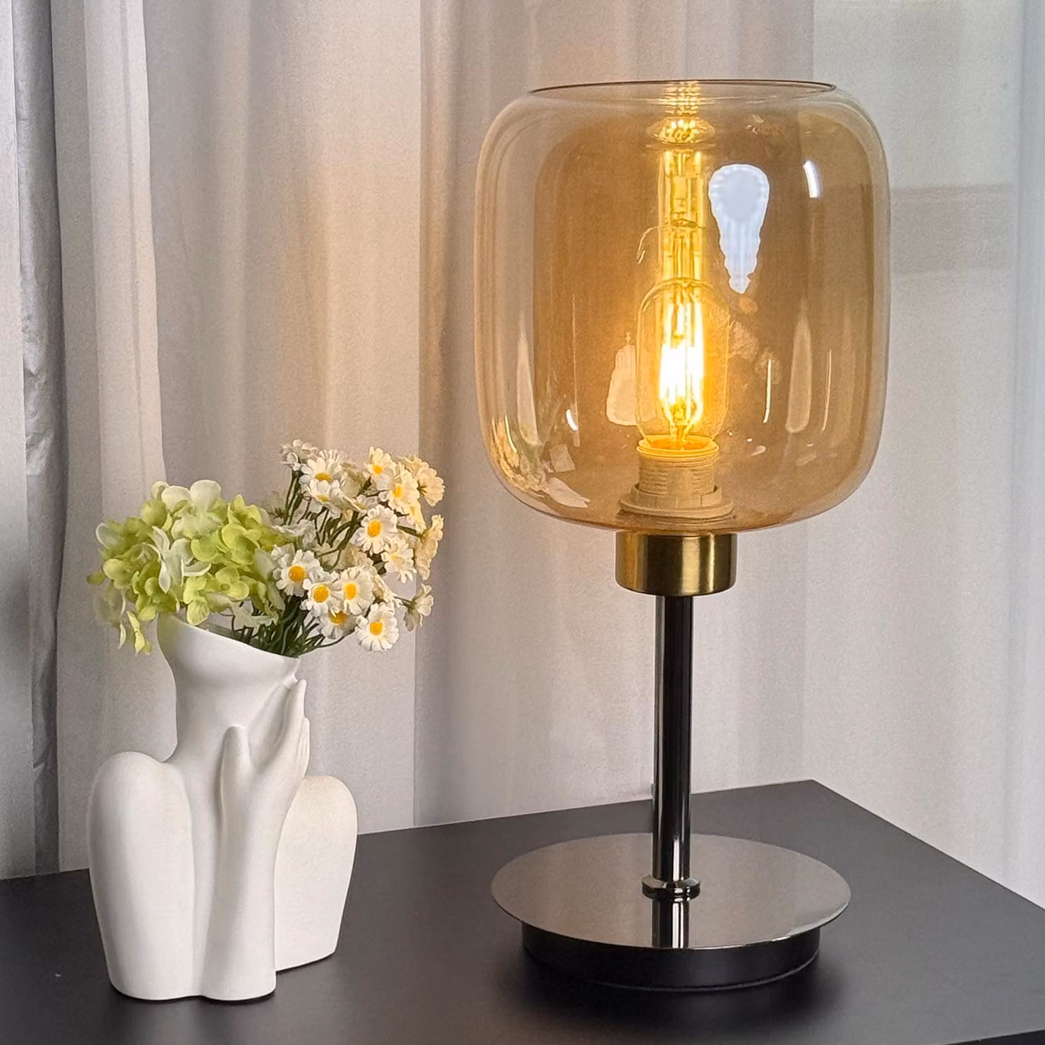 Lampada da tavolo industriale decorazione luce E27 lampada da comodino metallo+vetro 3000K luce calda 5W lampada da lettura lampada da tavolo colore caramello 450lm