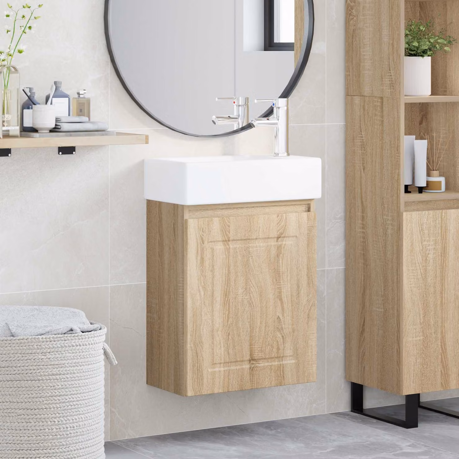Mobile bagno moderno vidaXL con rubinetto in Rovere Sonoma, L: 45,5 cm, P: 22,5 cm, H: 84 cm