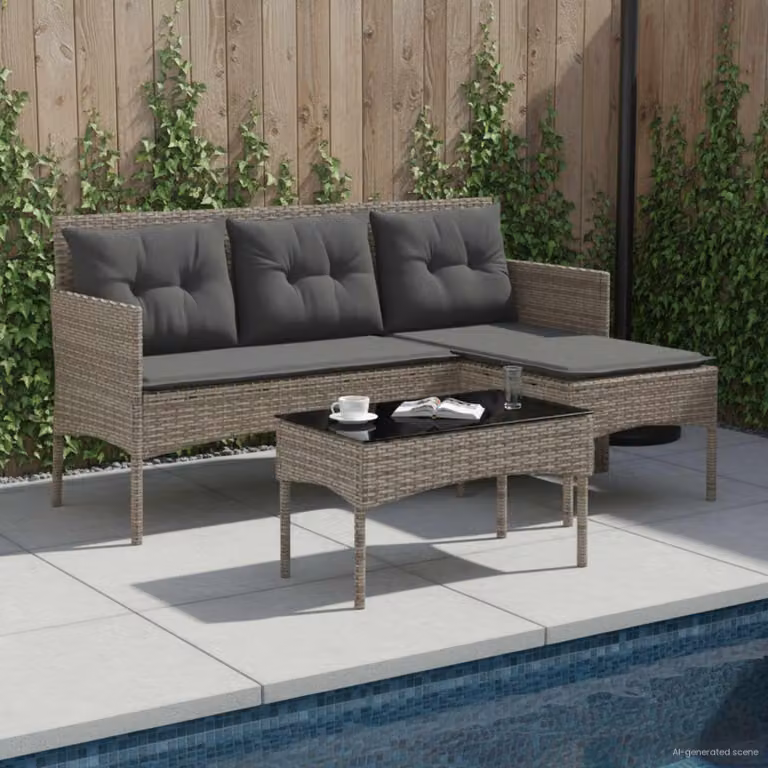 Set da giardino moderno vidaXL composto da divano angolare a 2 posti, elemento d'angolo, tavolino da esterno in vetro e cuscini imbottiti, colore grigio