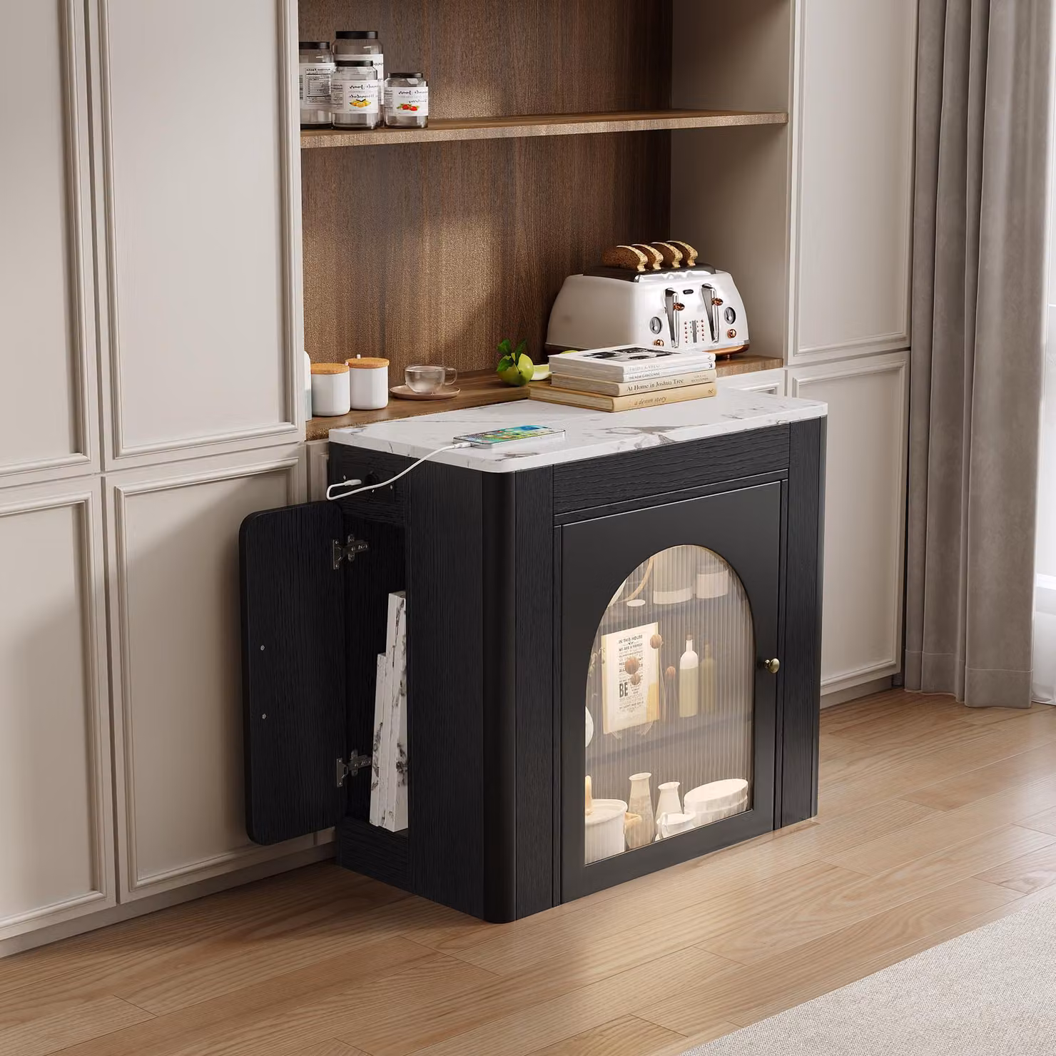 Isola da cucina Fortuna Lai con rotelle, tavolo da pranzo allungabile con piano rimovibile, carrello mobile con prese multiple, utilizzabile come credenza, sideboard o tavolo da bar per cucina e sala da pranzo (nero)