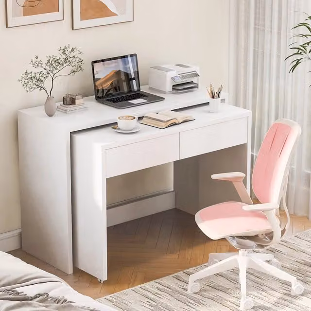 Scrivania estraibile Minimal con cassetti in legno multistrato e rotelle, colore bianco, L: 90 cm, P: 50 cm, H: 75 cm