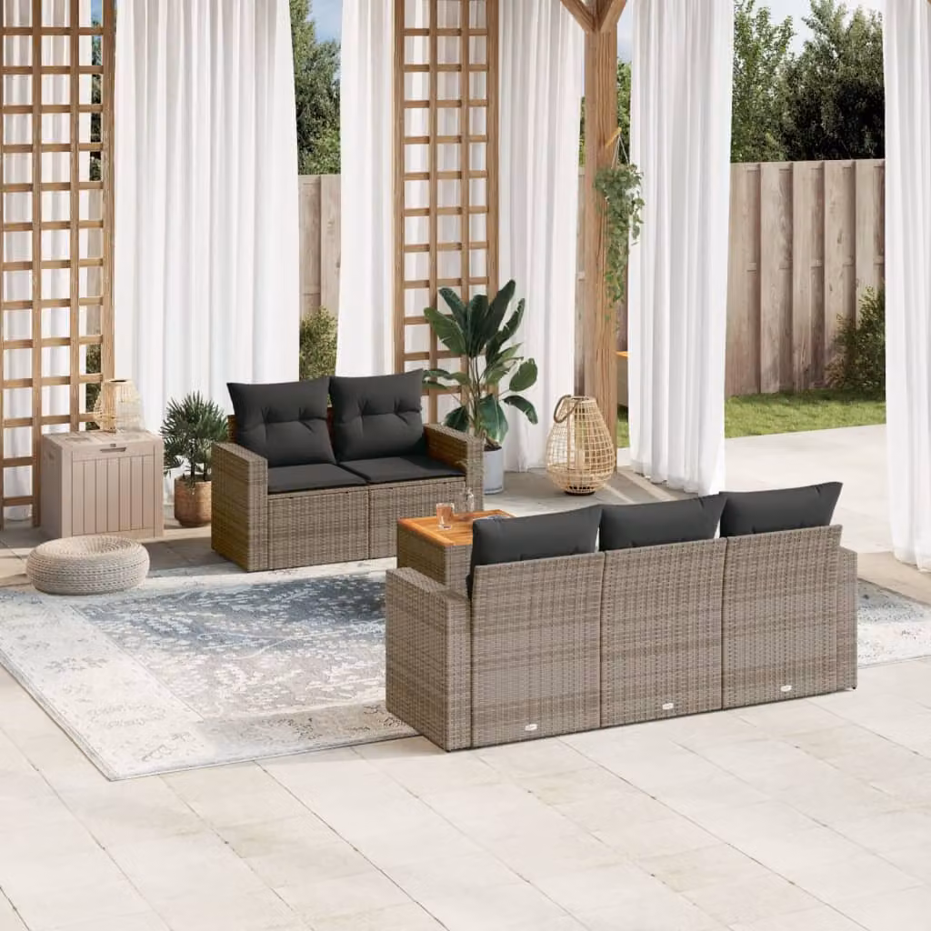 Set Divano da Giardino vidaXL 6 pz in Polyrattan con Cuscini e Tavolino, Design Moderno a L, Grigio e Marrone – 1