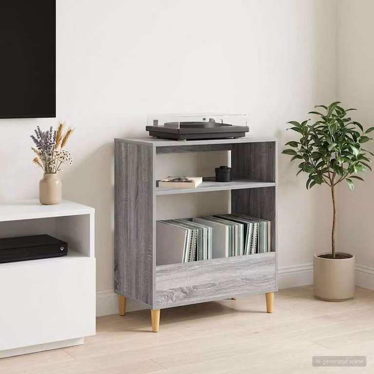 vidaXL Supporto per giradischi moderno in legno Sonoma grigio L: 71 cm, P: 39,5 cm, H: 83 cm