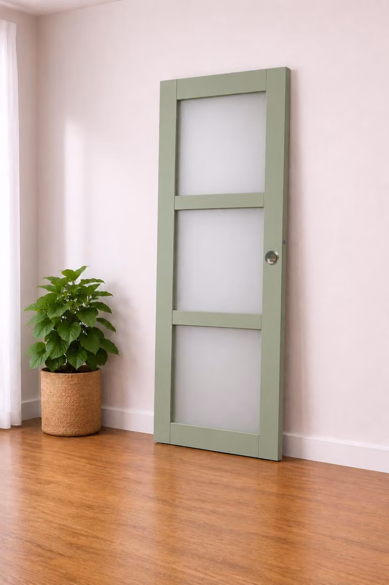 Porta scorrevole verde chiaro con vetro H204 x L73 cm, conchiglie, maniglia a dito GD MENUISERIES