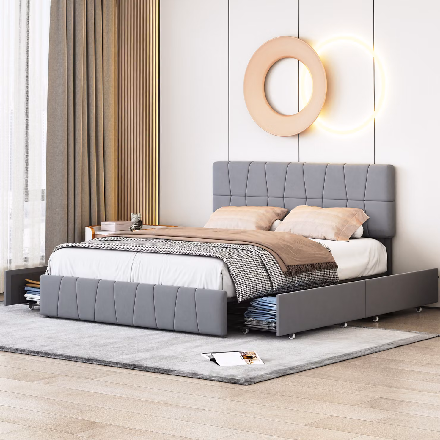 Letto imbottito UnboxG 160x200cm con testata regolabile in altezza e 4 cassetti, letto matrimoniale funzionale con rete a doghe e rivestimento in velluto grigio