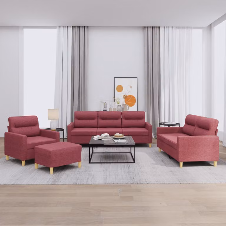 vidaXL Set di Divani Moderno 4 Pezzi in Tessuto Rosso con Cuscini e Pouf