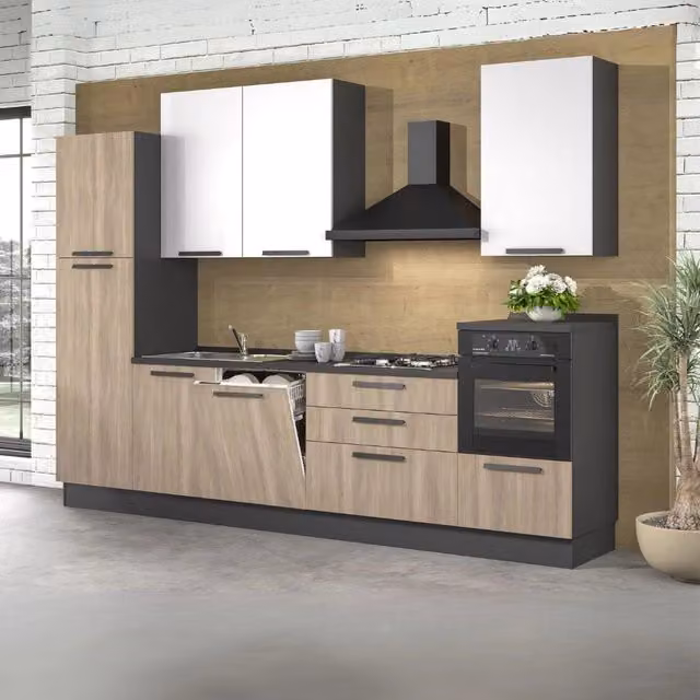 Cucina lineare moderna Sinki 330 con elettrodomestici integrati in rovere e bianco L: 330 cm, P: 60 cm, H: 240 cm – 1
