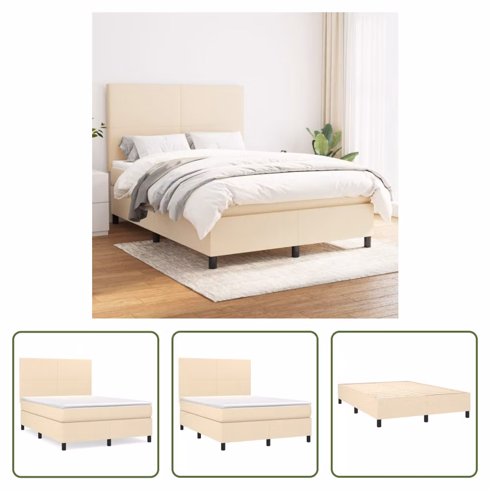 The Living Store Letto a molle con materasso crema 140x190 cm in tessuto