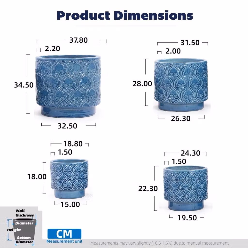 Set di 4 vasi da fiori REDOM in ceramica blu per uso da tavolo, diametri: 38 cm, 31,5 cm, 24 cm, 19 cm – 2