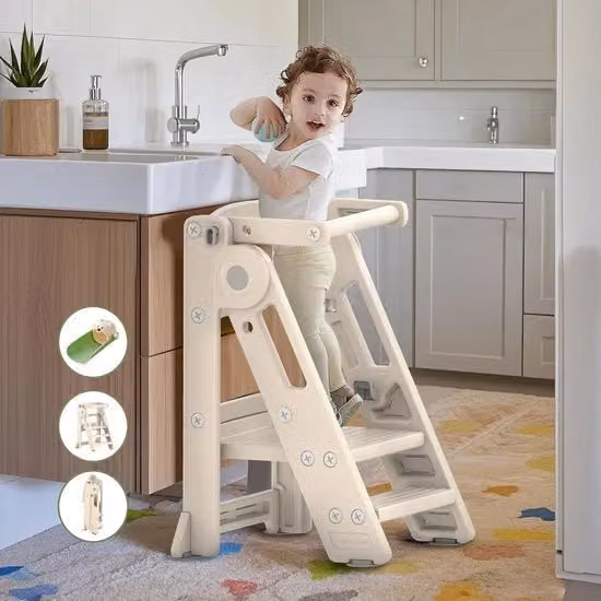 Scala per bambini in legno adattabile per Montessori, altezza regolabile, colore beige