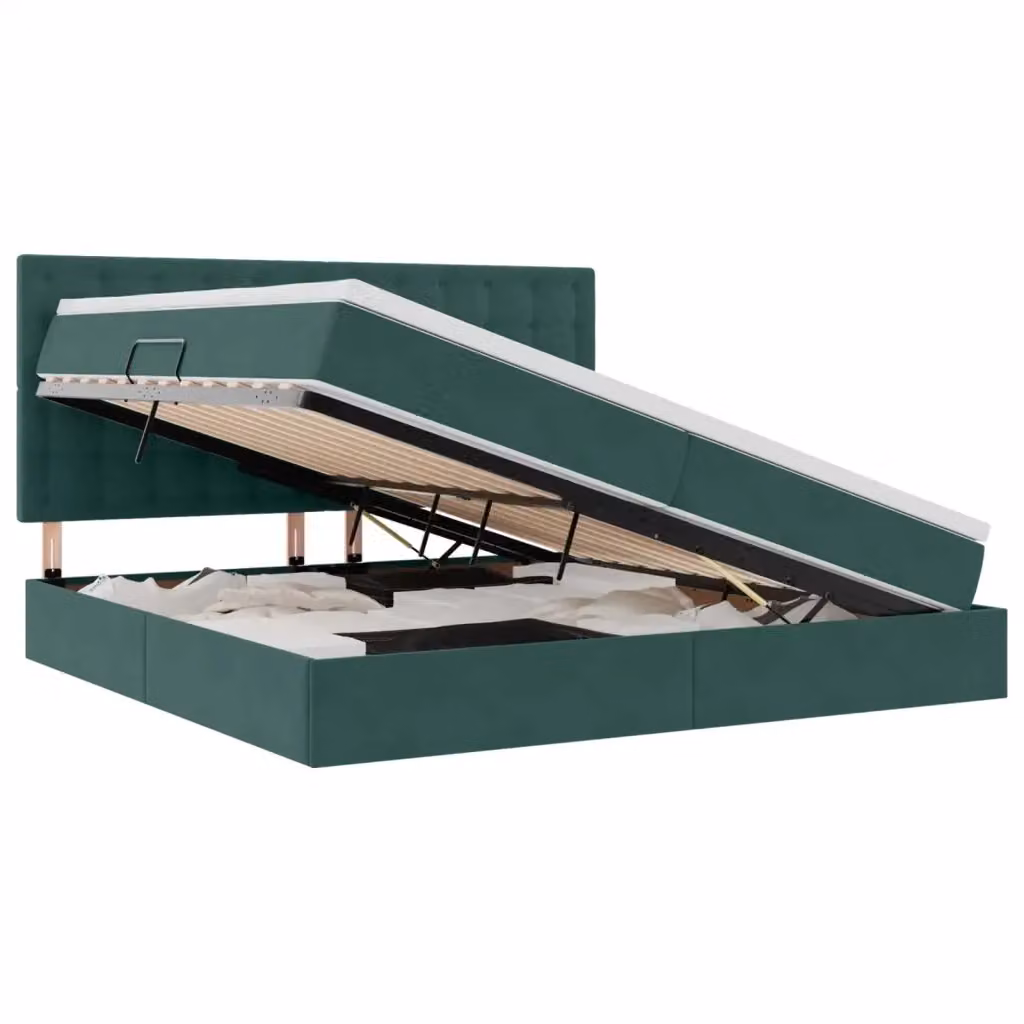 Letto con contenitore a sollevamento e illuminazione LED vidaXL in velluto verde, L/P/H: 200 x 200 x 128 cm – 2