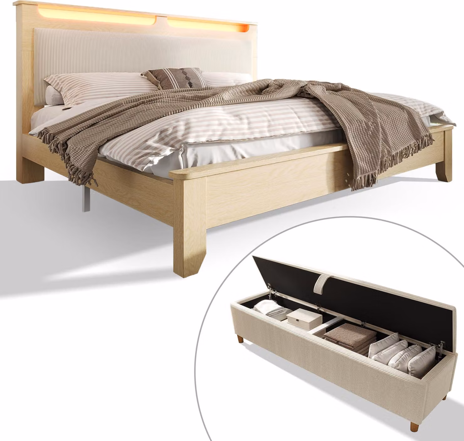 Letto matrimoniale in legno, dimensioni 160x200 cm, con poggiatesta imbottito in tessuto corduroy color beige, contenitore integrato nel poggiatesta, illuminazione LED e panca abbinata