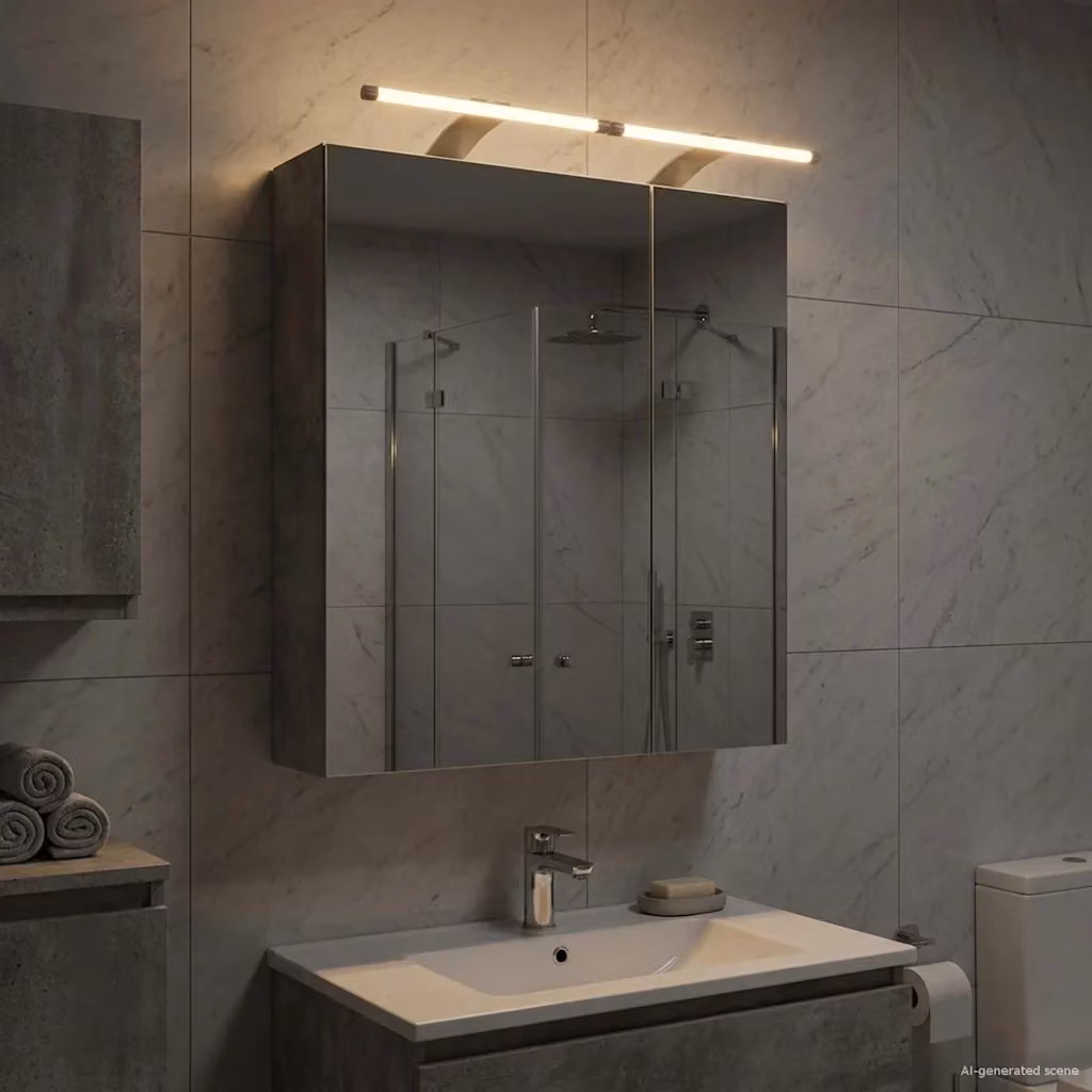 Mobiletto da bagno con specchio e illuminazione LED vidaXL, colore grigio, con ripiani interni e montaggio a parete – 2
