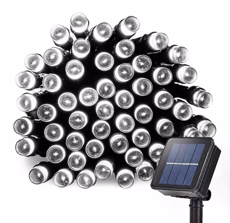 Catena luminosa solare, 12 metri, 100 LED, luce bianca fredda, 8 modalità, grado di protezione IP44