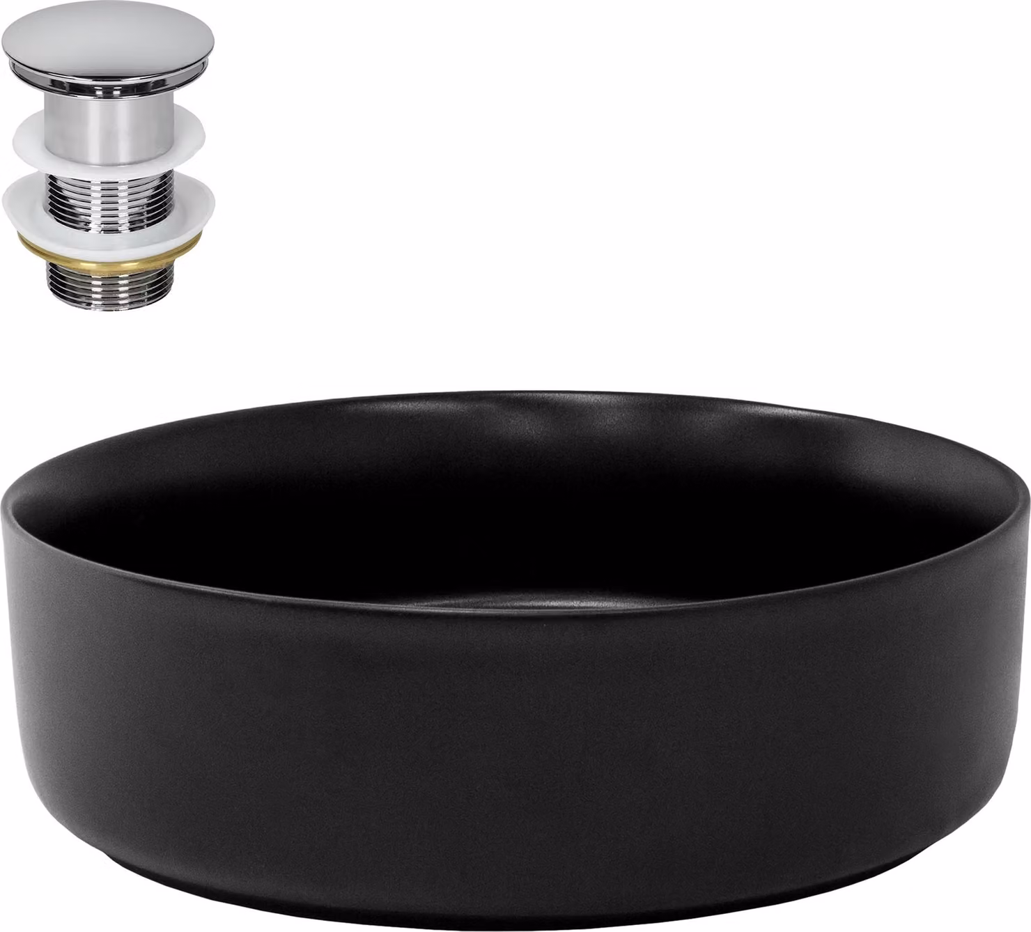 Lavabo LuxeBath Lavabo da appoggio rotondo, Ø 36x12 cm, nero, in Vetroceramica, incl. set di scarico senza troppopieno