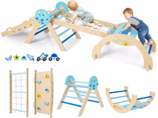 Set triangolo palestra indoor pieghevole Design Mania con scivolo ad arco in legno, Blu