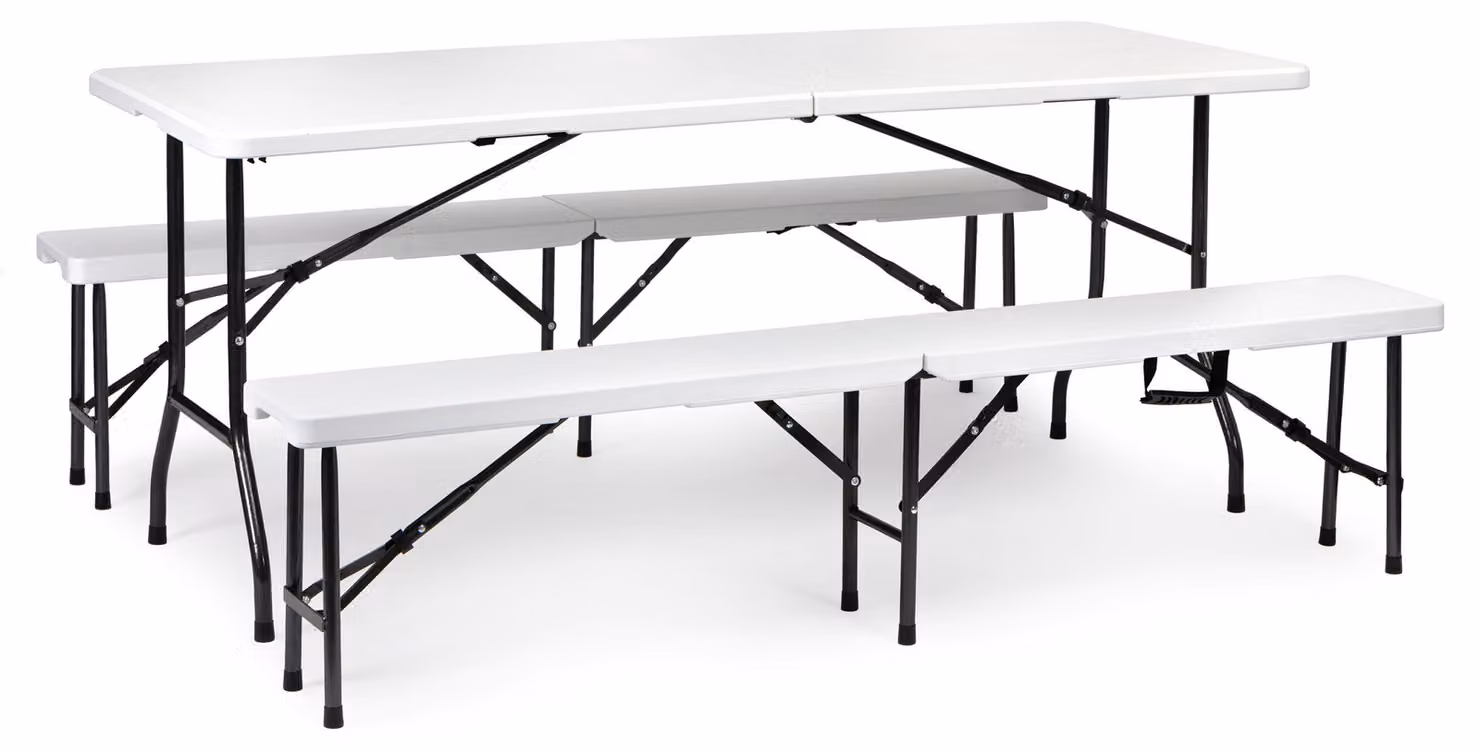 Set da catering con tavolo da banchetto da 180 cm e 2 panche, bianco, MultiGarden