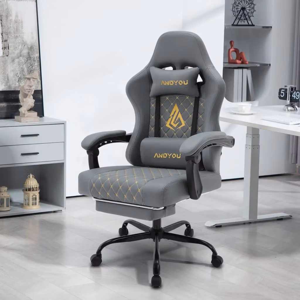 Sedia da Gaming ANDYOU Ergonomica in Similpelle PU Grigio con Braccioli e Ruote Regolabile per Ufficio e Casa – 2