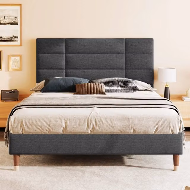 Letto imbottito moderno KOMHTOM in tessuto grigio L/P/H: 140 x 200 x 101 cm – 1