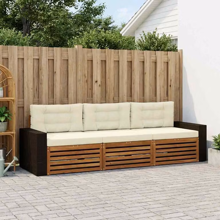 Set di divani da esterno da 3 posti vidaXL in legno di acacia con cuscini beige e bianchi