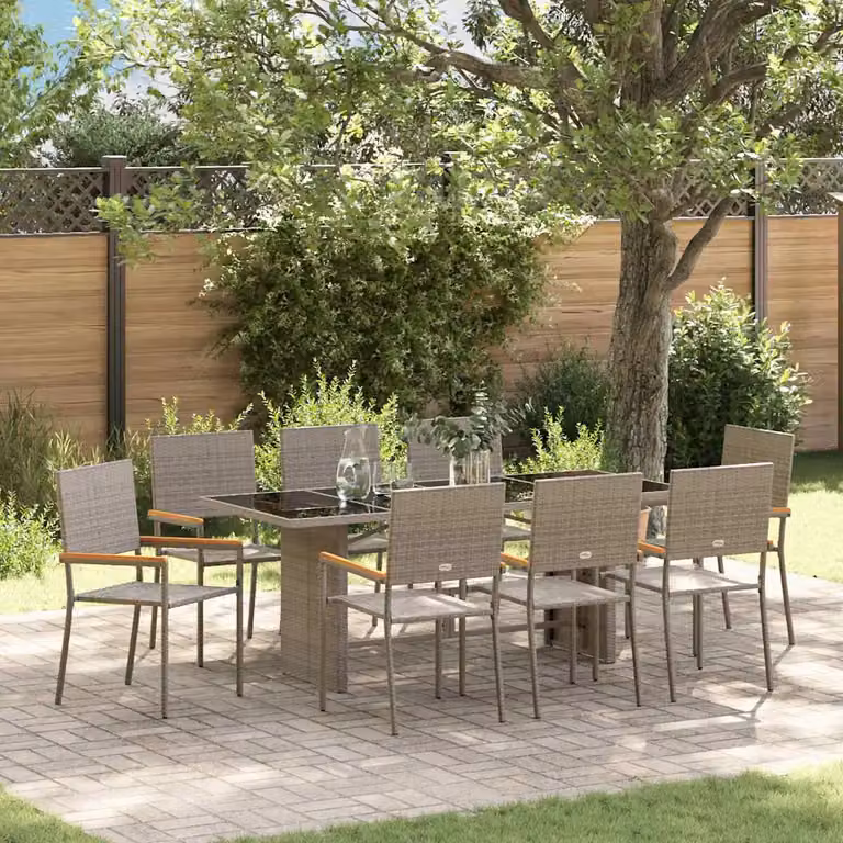 Set da pranzo per giardino vidaXL in polyrattan e legno di acacia da 9 pezzi, colore grigio e marrone con piano in vetro