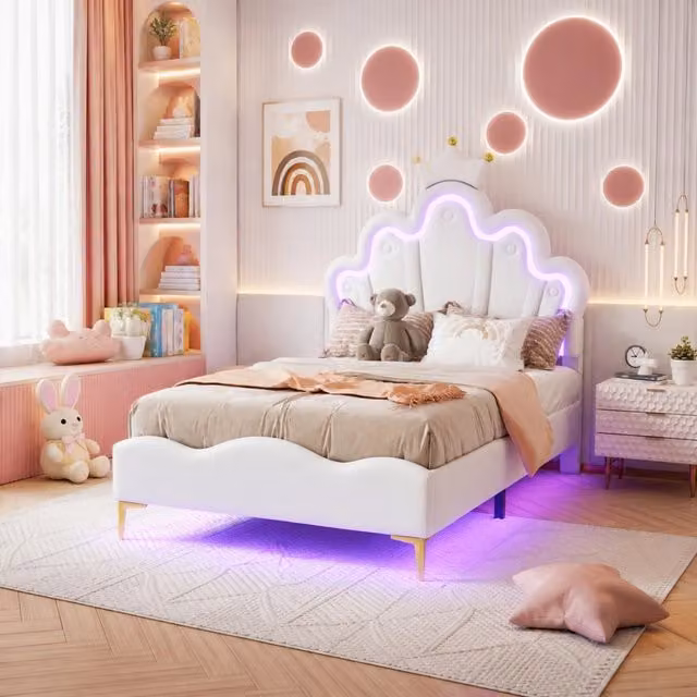 Letto singolo REDOM con testiera a corona, illuminazione LED sottostante e rivestimento in ecopelle bianco, L/P: 90 x 200 cm