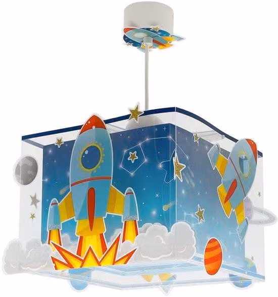 Lampada a sospensione Azomor per la cameretta dei bambini con tema spaziale e doppio paralume
