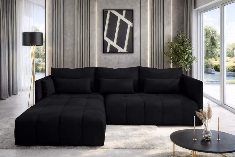 AX LIVING Divano ad angolo nero con funzione letto Cosmova 248 cm